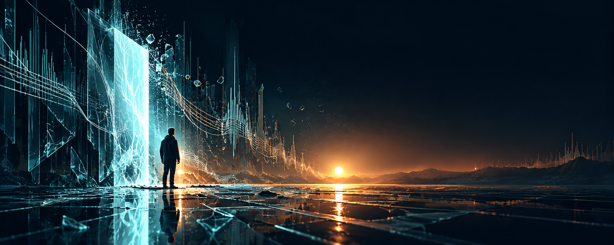 An abstract luminous doorway, musical waveforms and a solitary figure reflected across a dark landscape